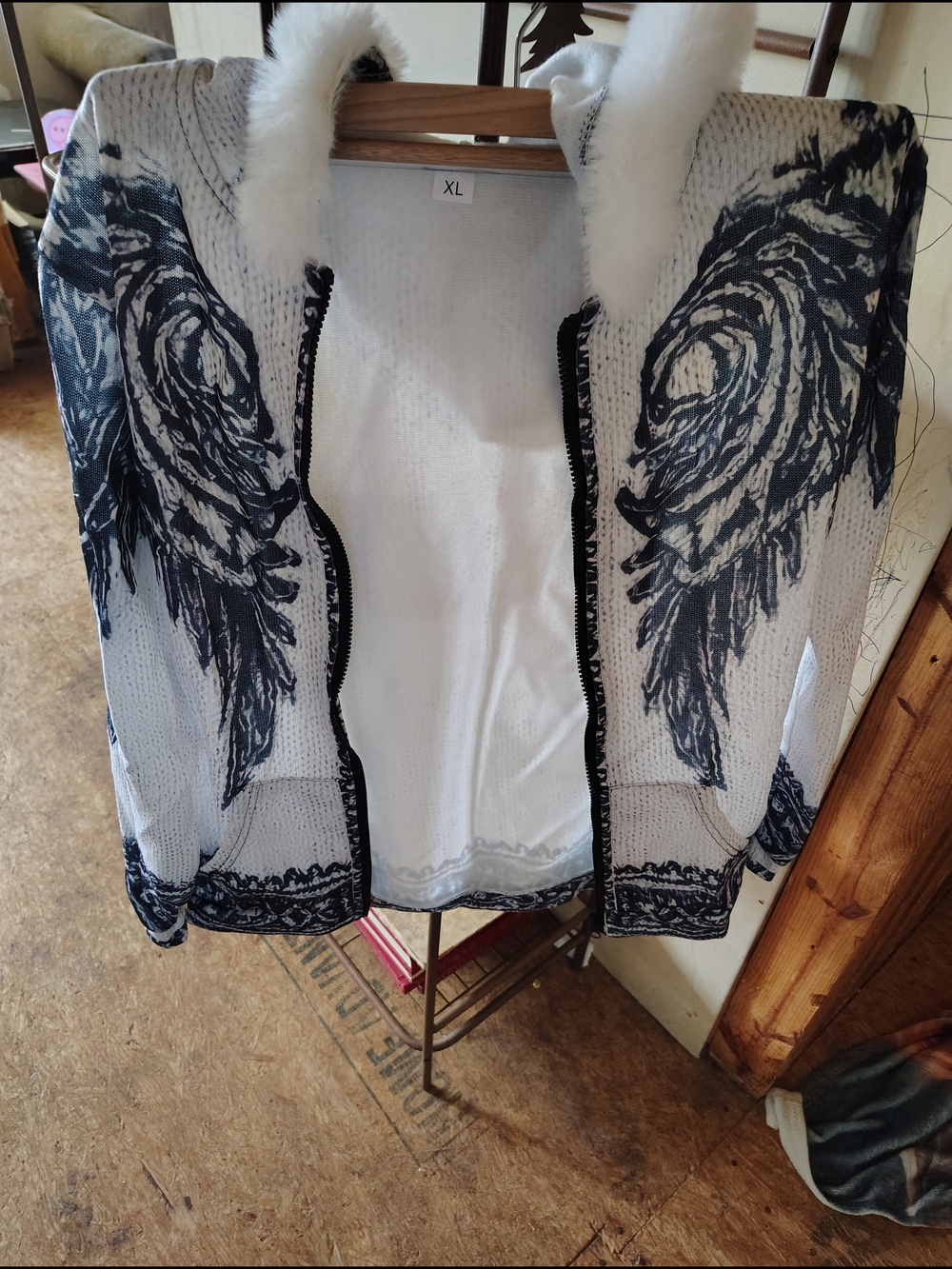 White Faux-Fur Trim Knit Jacket with Black Wing Print